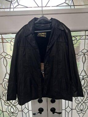 Vintage Raffaelo Black Leather Car Coat Jacket Plaid Lined